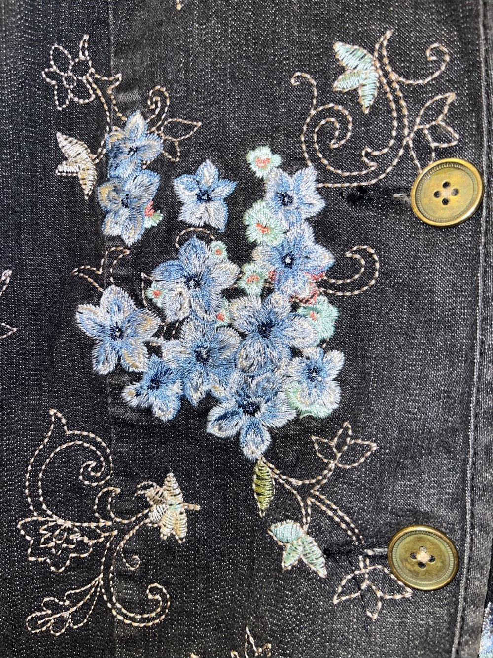 Denim & Co Beautiful Floral Embroidered Black Jean Jacket - Picture 7 of 16